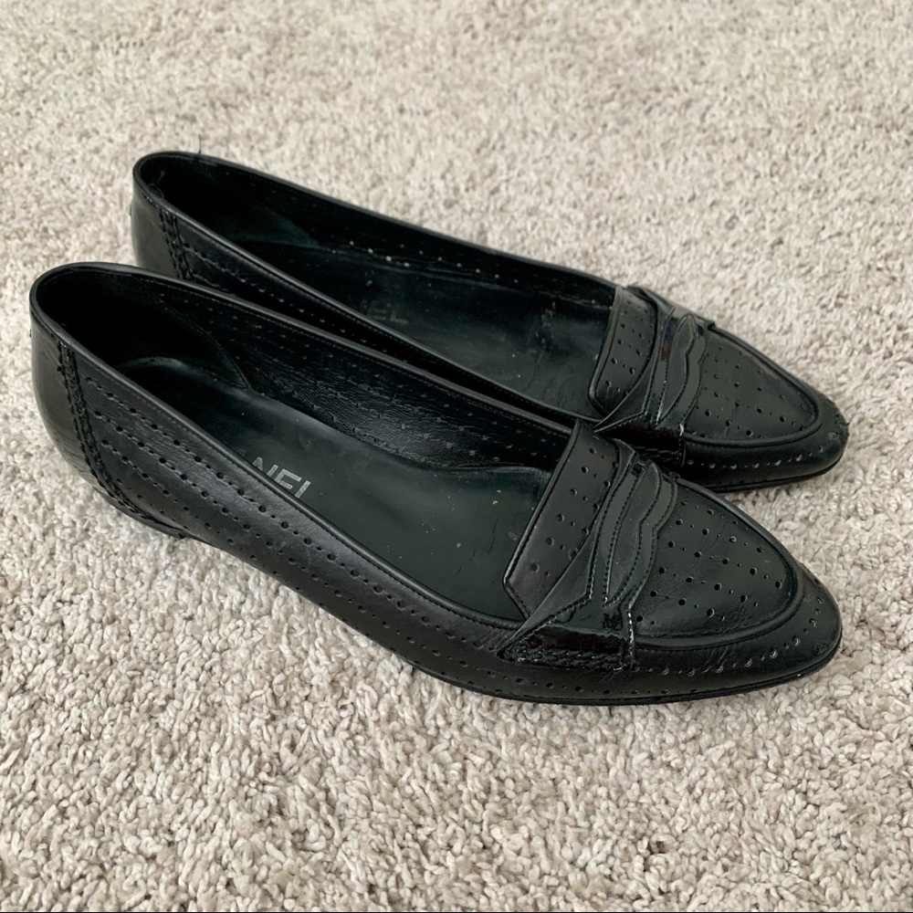 Chanel Black Perforated Flats - Picture 1 of 7